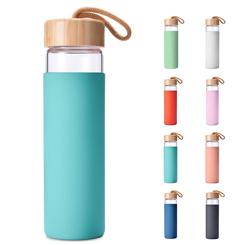 Yomious 20 Oz Borosilicate Glass Water Bottles with Silicone Sleeve BPA Free, Dishwasher Safe - Reusable Clear Glass Drinking with Leak Proof Bamboo Lid | Perfect Gym Water Bottles for Men & Women - Image 1
